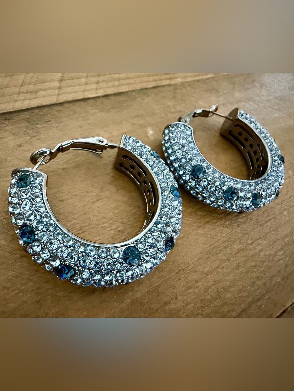 Signed Joan Boyce Chunky Blue Pavé Crystal Silver-Tone Hoop Earrings – 1.5”